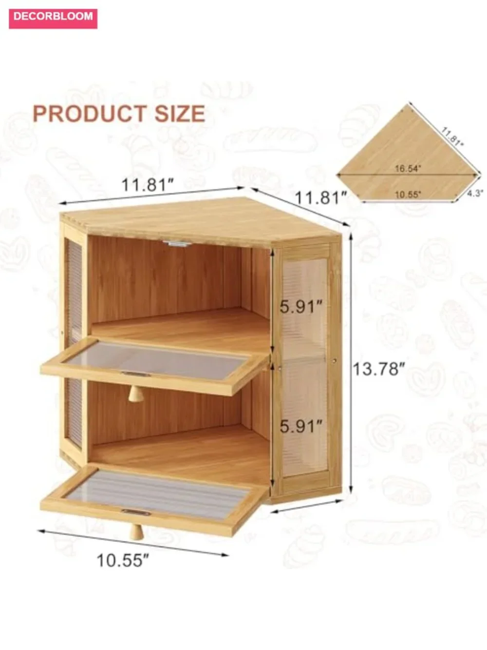 Double Layer Corner Bread Box with 2 Doors, Bamboo Kitchen Storage